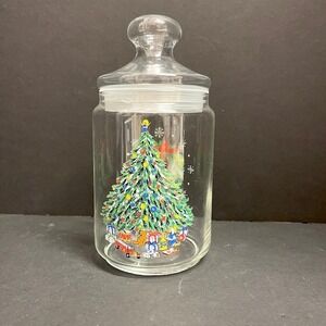 Vintage Christmas Tree and Wreath Clear Glass Cookie Jar Canister with Lid 8.5"